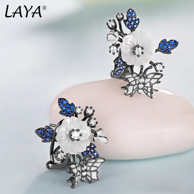 Laya Earrings For Women High Quality Zircon Natural Shell Flower Butterfly Enamel 925 Sterling Silver Anillos Fashion Jewelry