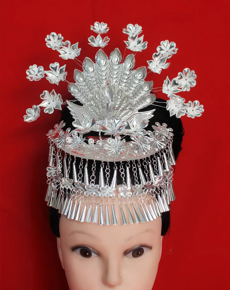 Miao Silver Hmong Accessory Miao Jewellery Chinese Traditional Retro Miao Silver Dance Wear Hairpins Headwear