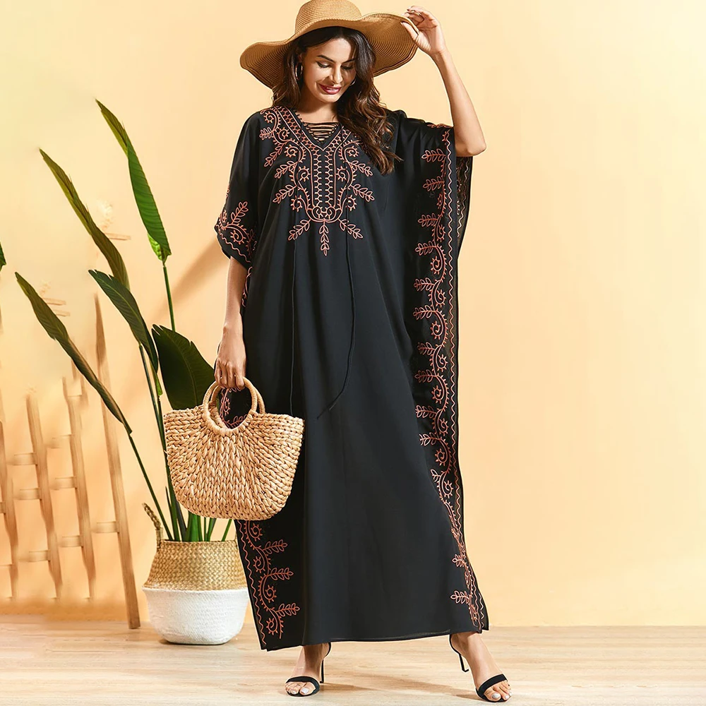 

Muslim dress Fashionable Women's Bat Sleeve Embroidered Pleated Bohemian Long Skirt Arabian Summer Robe Abaya Dubai Dresses