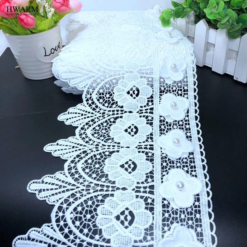 HWARM 10yard 15.5cm High Quality African 3D Lace Fabric Ribbon With Beads DIY Wedding Decoration Sewing Trim Skirt Clothing