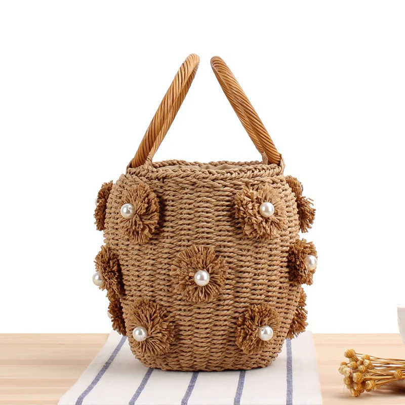 Creative Handmade Rhinestone Crystal Embellished Straw Bag Small Straw Bucket Bags Lady Travel Purses and Handbags