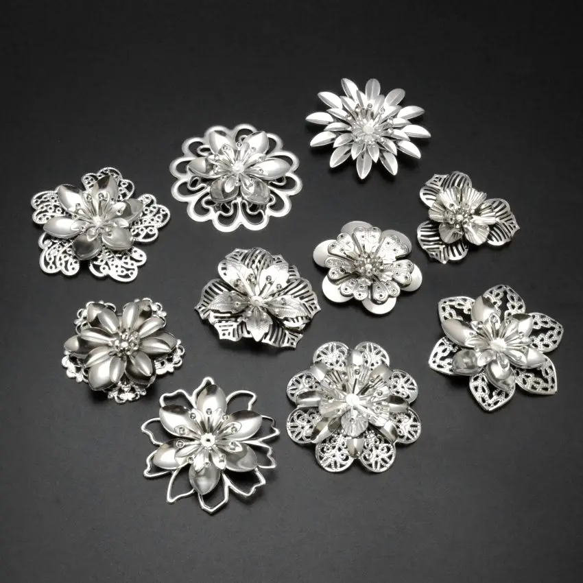 Free shipping 4PCs Silver Tone Metal Filigree Flower Wraps Connectors Embellishments Crafts Gift Decoration DIY Jewelry