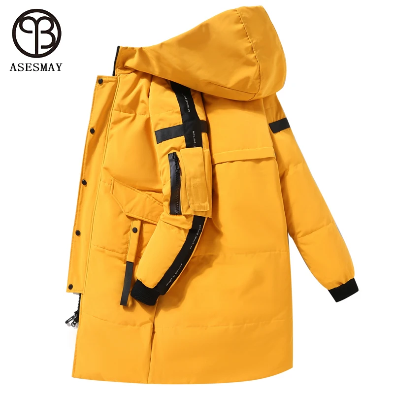 Asesmay-Chaqueta de plumón de pato blanco para hombre, abrigo largo y cálido, Parkas con capucha, prendas de vestir amarillas, ropa de marca de