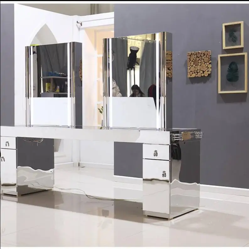 Salon hairdressing shop mirror table stainless steel marble table with touch screen LED light hair dressing mirror