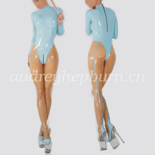 Latex Rubber Women Bodysuit Tights Catsuit Light Blue and Transparent suit S-XXL