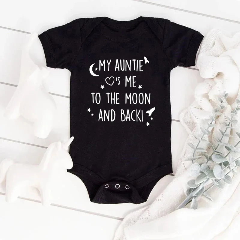 

Baby Boys Girls Jumpsuit My Auntie Love Me To The Moon and Back Bodysuit Soft Romper Letter Print Short Sleeve Clothes Outfit