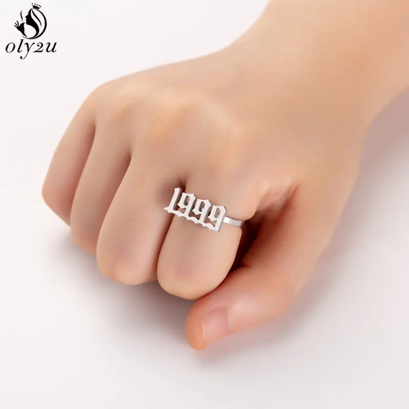 Oly2u Personalize Date Of Birth Year Number Rings for Women Men 1980 to 2000 Adjustable Stainless Steel Ring anel masculino