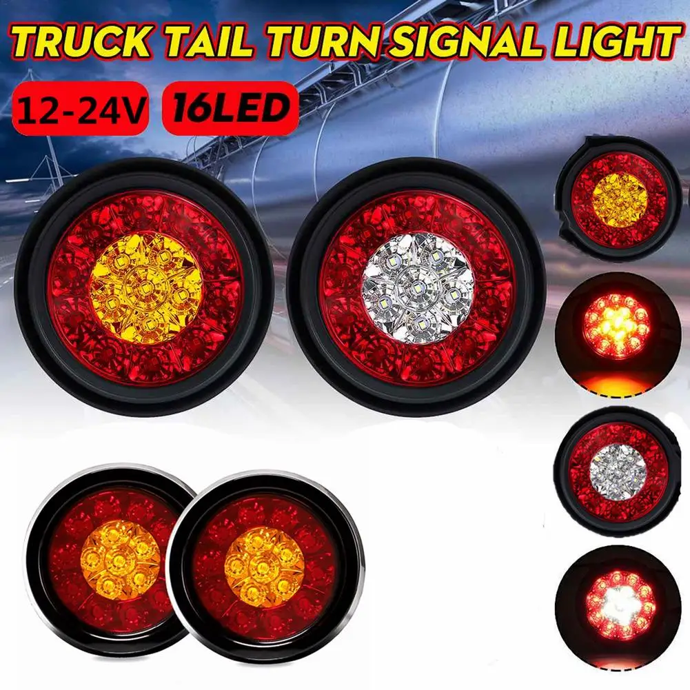 A Pair 16 LED Dual-Color Taillights Rubber Ring Round Taillights Car Rear Tail Light Turn Signal Light for RV Trailer Truck