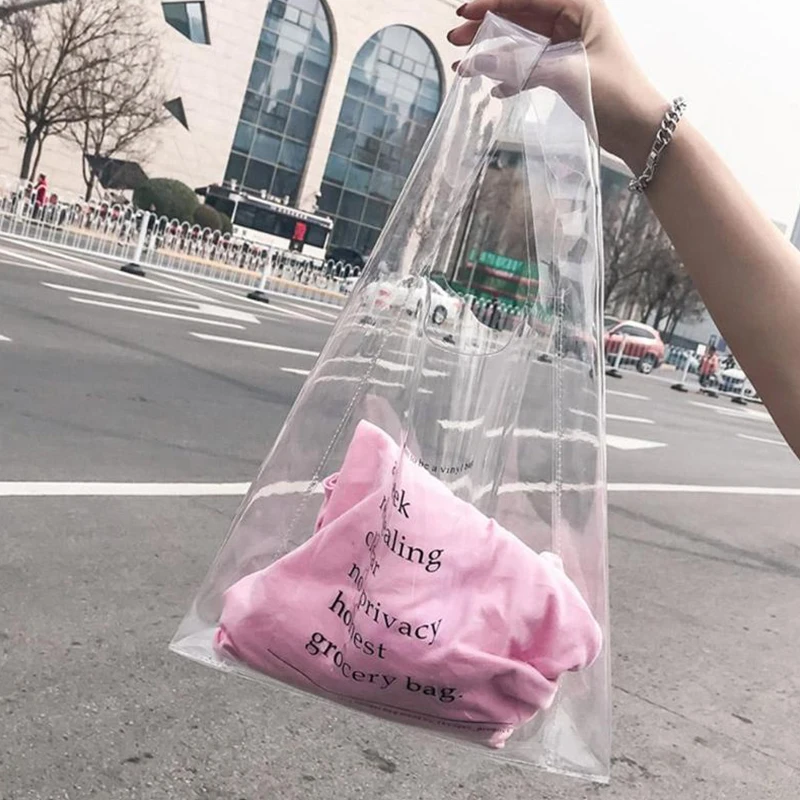 New Women Transparent PVC Shopping Bag Clear Fashion Reusable Letter Printed Eco-friendly Tote Bag