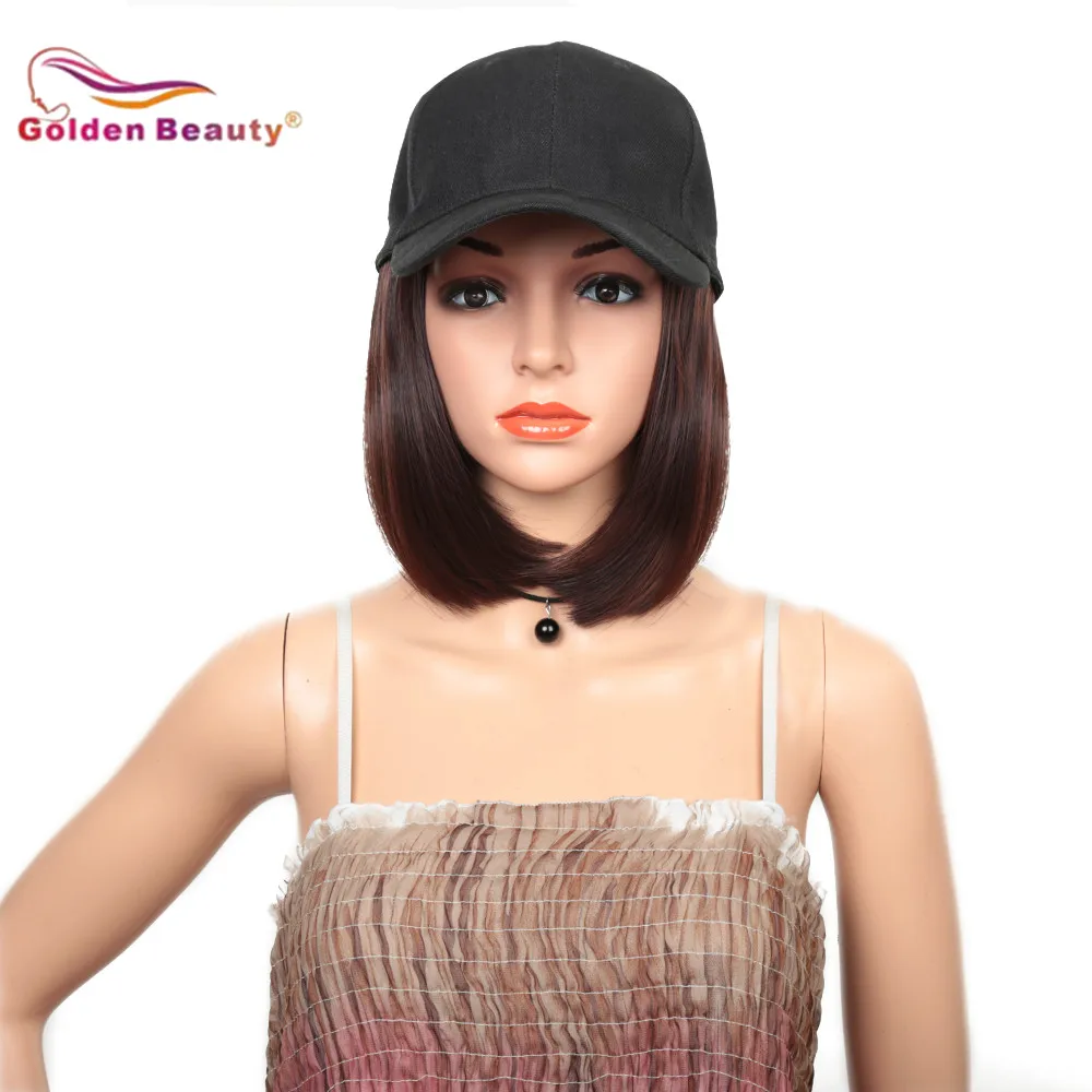 Golden Beauty Synthetic Hair Short Bob Wig For Women Hair Extensions With Hat Cap Wig  All-in-one Female Baseball Cap