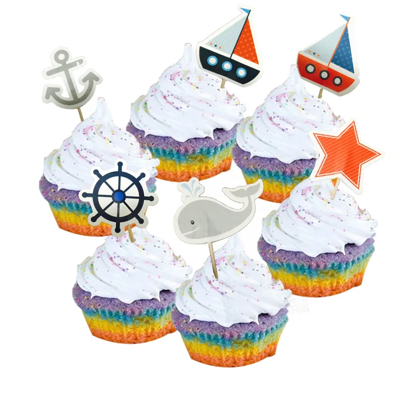 Cupcake Decorations 24pcs Mediterranean Sailor Ship Anchor Cake Topper cupcake picks flags for Kids Children Birthday Party