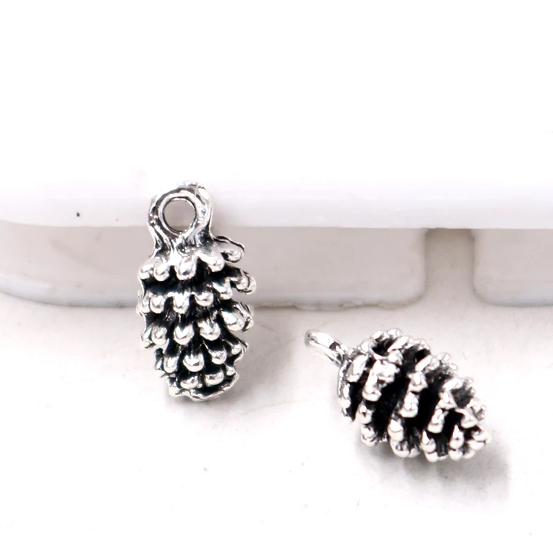 12pcs Silver Plated 3D Mini Pine Cone Charm Metal Pendant Earrings Bracelet DIY Retro Jewelry Handicraft Accessories 15*8mm