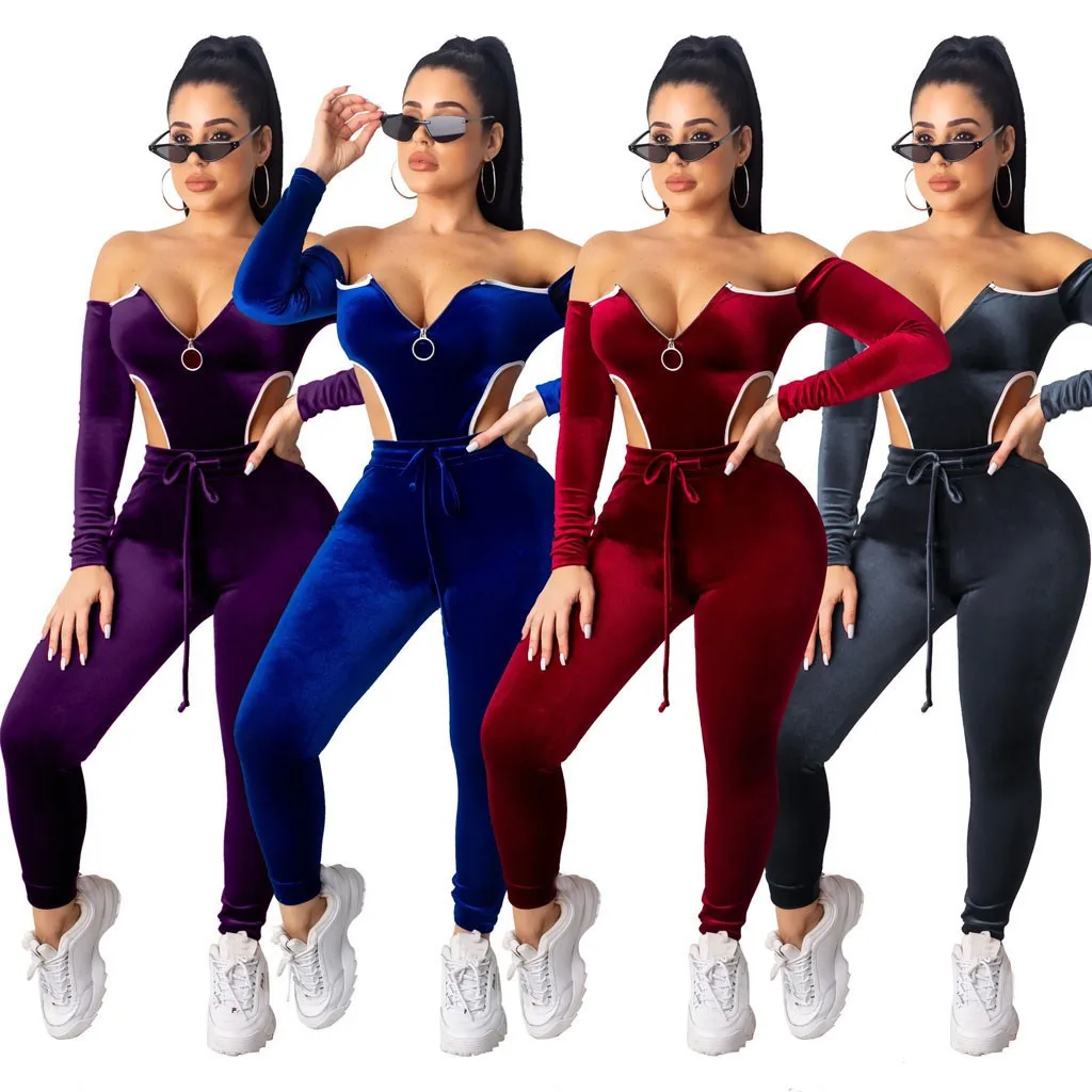 Women Casual Suits Sports-wear Gold Velvet Jogging Sport Two-Piece Set Long Sleeve Crop Tops + Pants Outdoor Fitness Sets