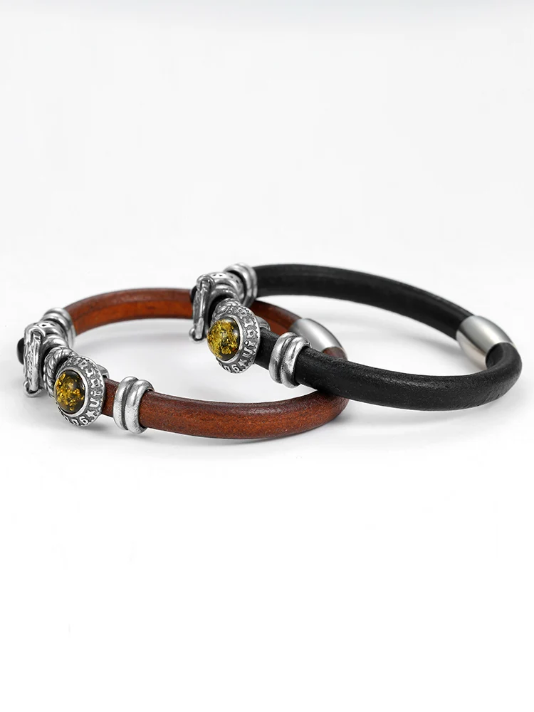 Ruibeila gentleman classic leather rope bracelet unisex 925 silver amber black agate gemstone couple bracelet gift