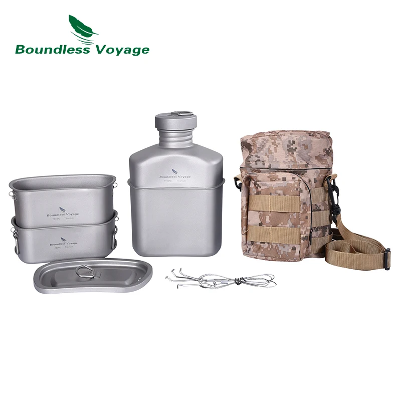 Cantina militar de titanio Boundless Voyage con bolsas de camuflaje, juego de sartenes para acampar en forma de riñón con tapa y cadena colgante