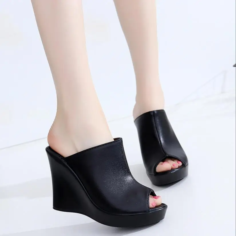 New Women Sandals 2022 Woman Leather Sandals Wedges Heel Women High-heeled Women's Shoes Fish Head Black Platform Shoes 33-41