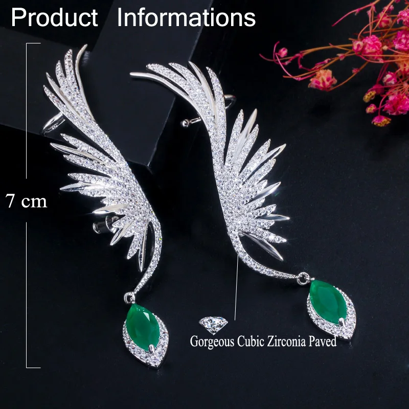 CWWZircons Luxury Full Cubic Zirconia Pave Popular Big Long Drop Feather Wing Ear Cuff Earrings for Women CZ625