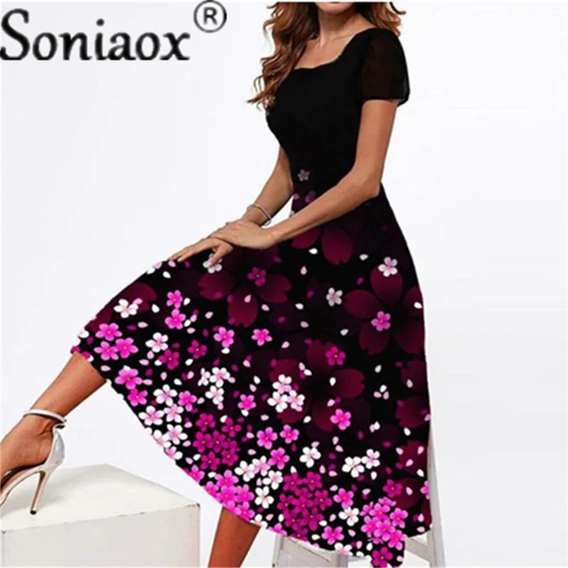 Fashion Bloemenprint Mid Lange Jurken A-lijn Vrouwen Korte Mouw Vierkante Kraag Slim Jurk Dames Office Workwear Gewaad Femme 2021