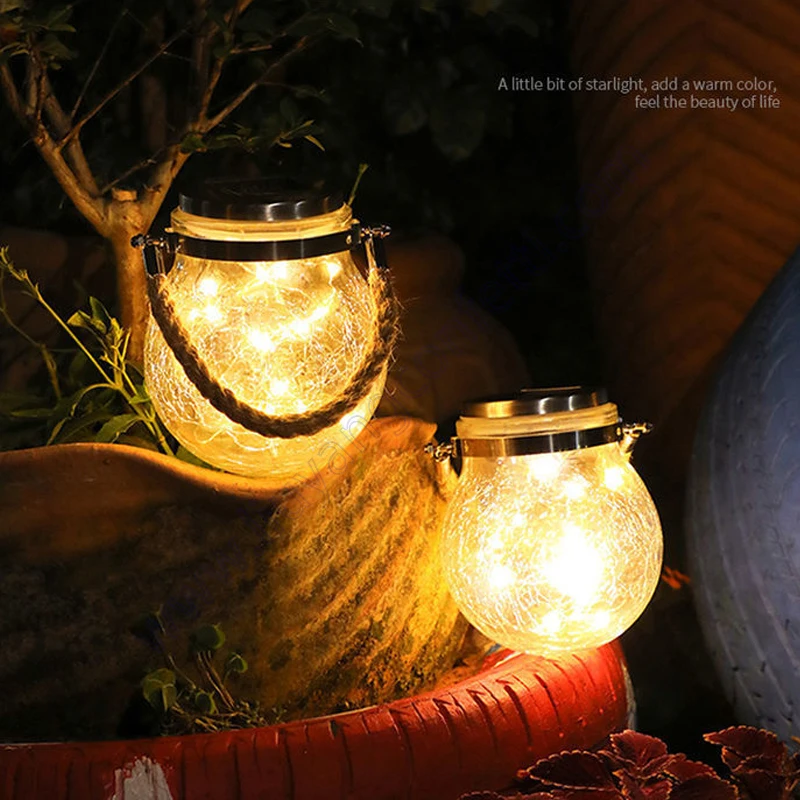 Garden Outdoor Decorative Led Hanging Fairy Copper Multi Colored Weatherproof Solar Batteries Crack Glass Courtyard Ball Lights