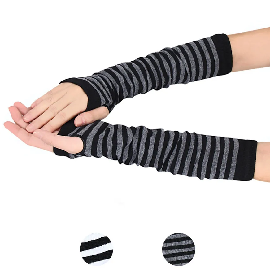 Winter Mode Gestreiften Arm Wärmer Gestrickte Weibliche Handgelenk Hand Wärmer Reine Farbe Lange Finger Handschuhe Handschuh Frauen Ärmeln – Detail 1