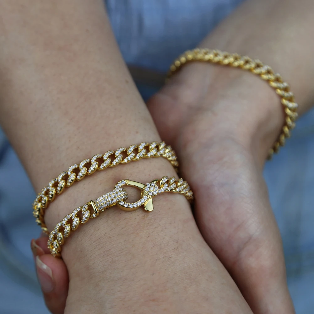 Iced Out Bling Lock Lobster Charm Micro Pave CZ Cuban Link Chain Bracelet 16.5cm 17.5cm Fashion Women Jewelry