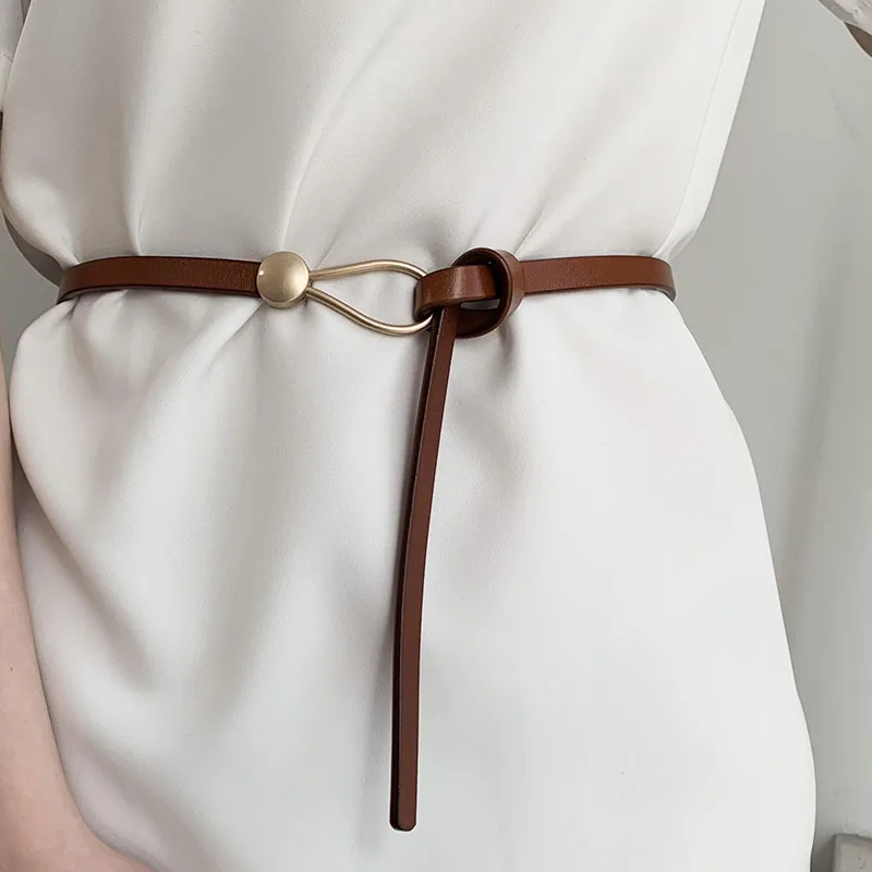 Designer Belts For Women Genuine Leather Knot Dress Belt Long Thin Waistband Gold Buckle Black Ceinture Femme Easy Cummerbunds