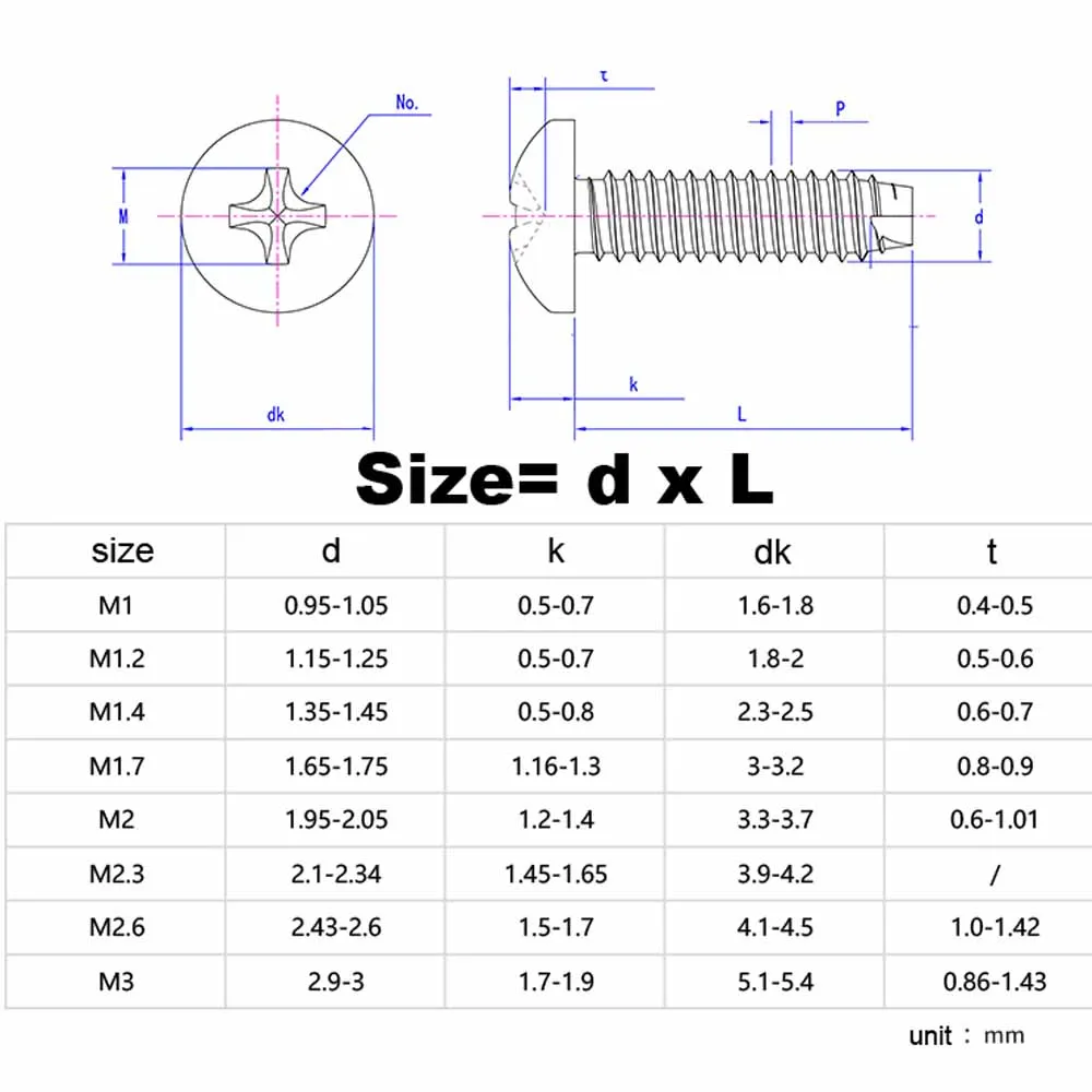 50X M1 M1.2 M1.4 M1.7 M2 M2.3 M2.6 M3 Black 304 Stainless Steel Cross Recess Phillips Pan Round Head Flat End Self Tapping Screw
