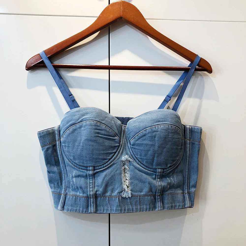 Cupnaya Women Distressed Denim Blue Crop Top Summer Sexy Ladies Spaghatti Strap Bustier Bralette Inner Cami Size 34 36 38 40