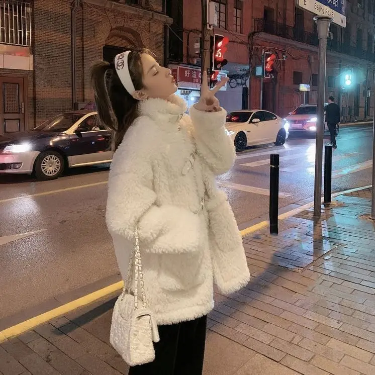 Autumn and Winter Korean Version Lamb Wool Coat for Women Imitating Wool High Neck Temperament Thick Fur Plush Coat
