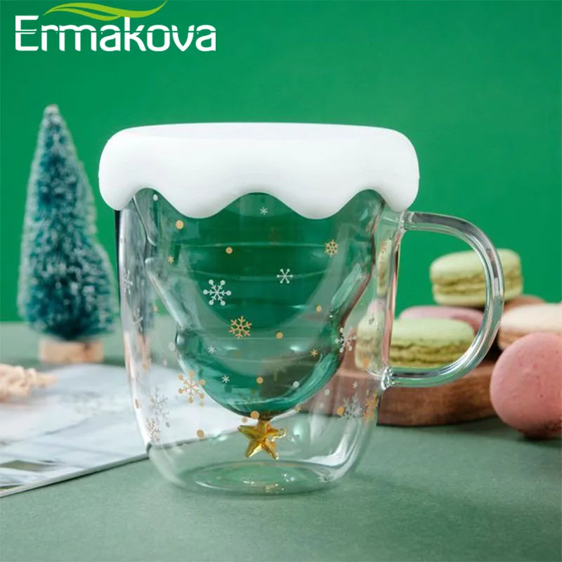 ERMAKOVA Christmas Tree Coffee Mug Double Wall Insulated Glass Mug Coffee Tea Cup for Espresso Latte Cappuccino Milk