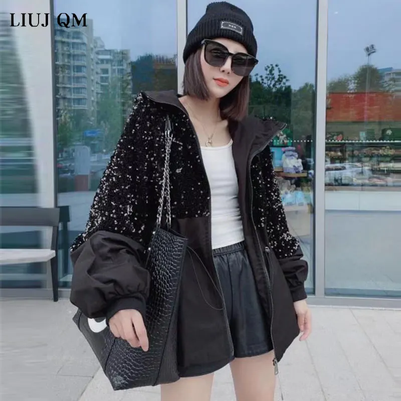 European Winter Jacket New Plus Cotton Thick Hooded Sequined Short Trench Coat Fashion Wind Drawstring Waist Slim Parkas Jacket