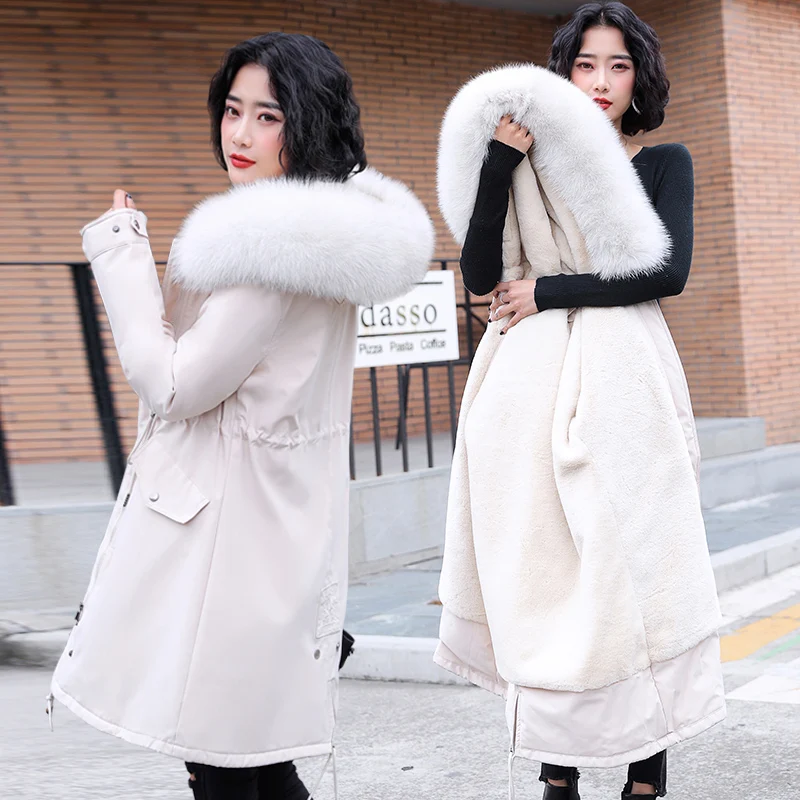 

Winter Parka Women Jacket Coat New Korean Plus Velvet Warm Cotton Coat Hooded Fur Collar Mid Long Outerwear Women's Basic Coat