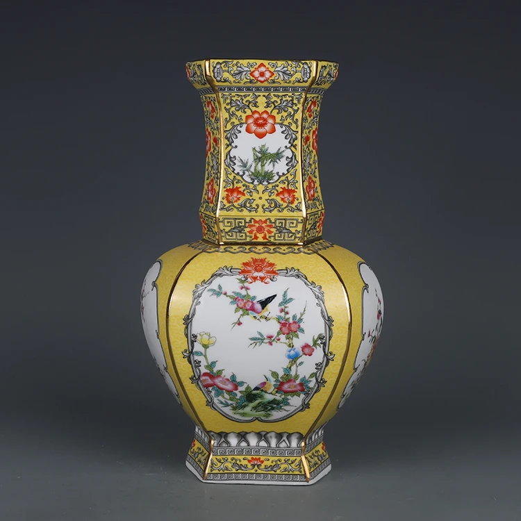 

Qianlong Enamel Yellow Flower And Bird Pattern Square Vasw Jingdezhen Antique Porcelain Home Furnishings Antiques