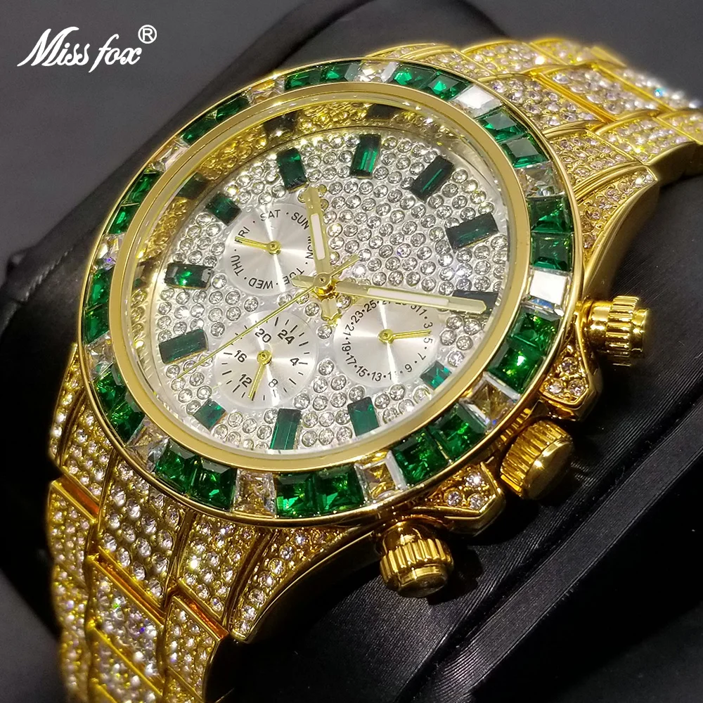 MISSFOX Full Diamond Men's Watches Top Brand Luxury Iced Out Calendar Quartz Watches Fashion Week Display Waterproof Clock 2021