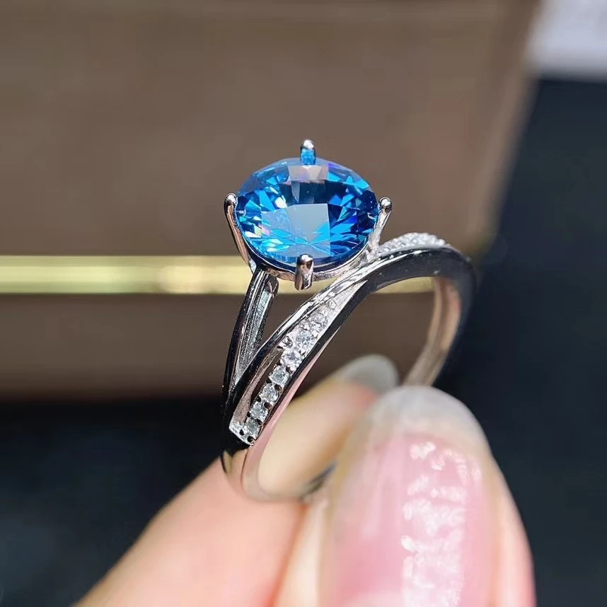 classic ocean blue color natural Topaz ring 925 sterling silver certified natural gem pure clean ring attractive engagement ring