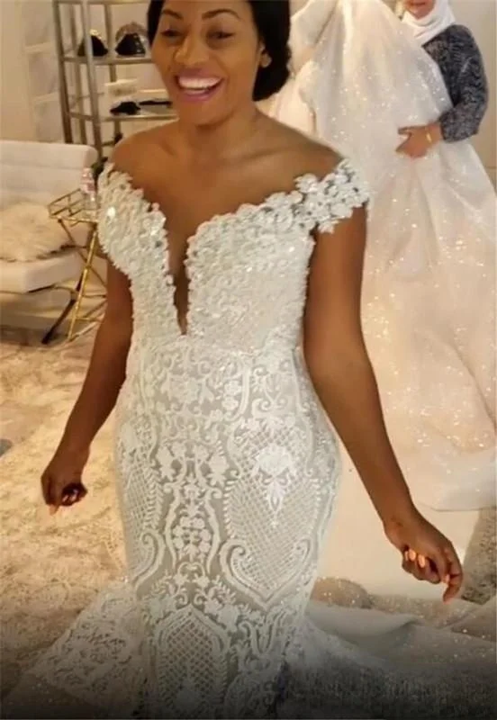 Mermaid Wedding Dresses With Detachable Train African Lace Country Garden Boho Bridal Gowns Off The Shoulder