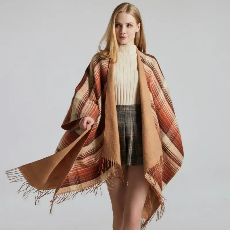 

Tassel Poncho Women Capes Striped 2021 Autumn New Female Warm Big Lose Capes Cloak for Women Long Design Poncho Capes