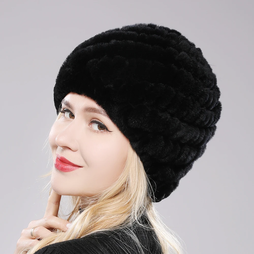 Hot Sale Lady Real Rex Rabbit Winter Fur Hat For Women Russian Real Fur Knitted Cap Headgear Winter Warm Women Hat Beanie Hats