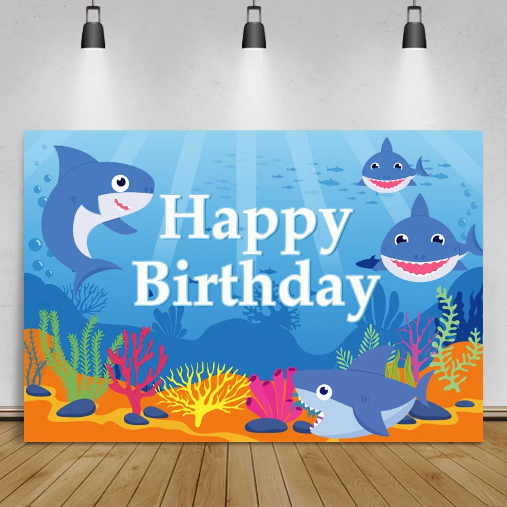 Laeacco Shark Water Grass Backdrop For Photography Child Happy Birthday Party Decor Customized Poster Pattern Photo Background