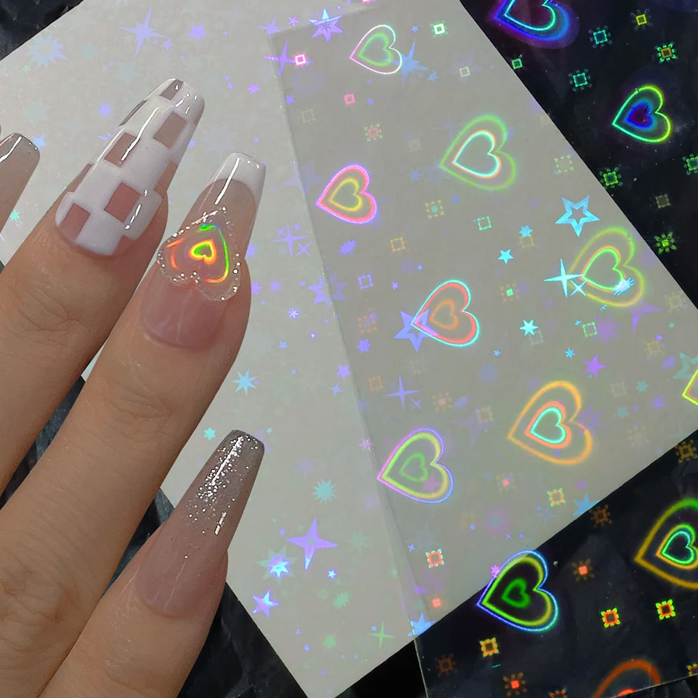 

New 3D DIY Aurora Laser Heart Snowflak Desgin Nail Glass Nail Adhesive Decals Nail Transfer Sliders Wraps Manicures Foils Z0543