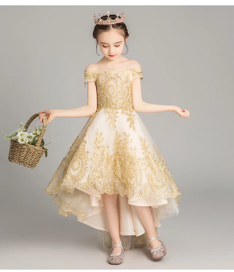 Golden Sequin Lace Girl Princess Party Dress Off Shoulder Birthday Wedding Clothes Girl Pageant Prom Dresses Flower Girl Dress