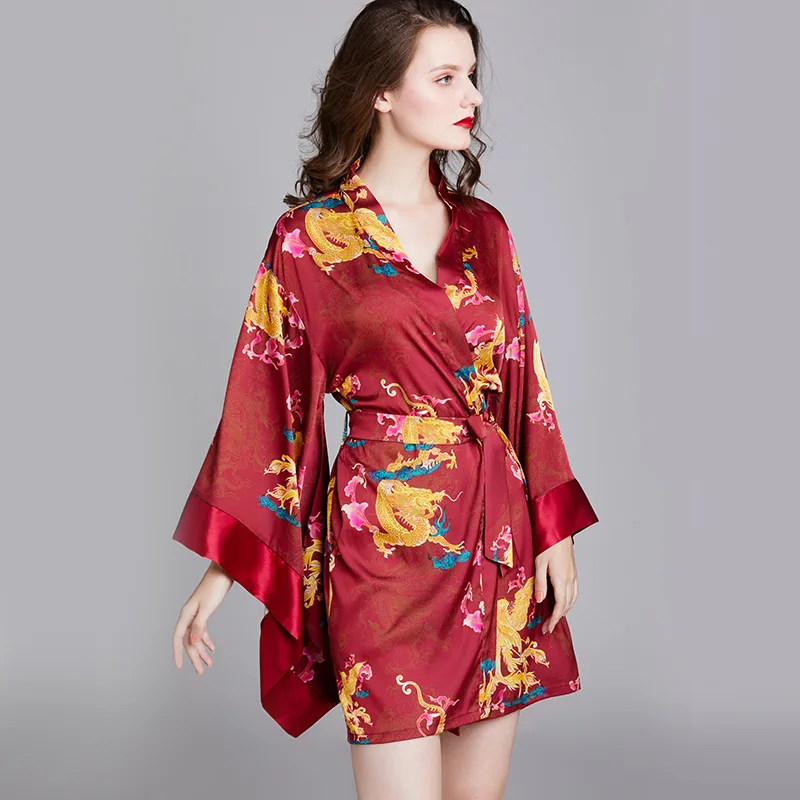 Peignoir Kimono en satin soyeux pour femmes, robe de mariée imprimée, chemise de nuit décontractée, vêtements de nuit doux, chemise de nuit sexy, vêtements pour la maison