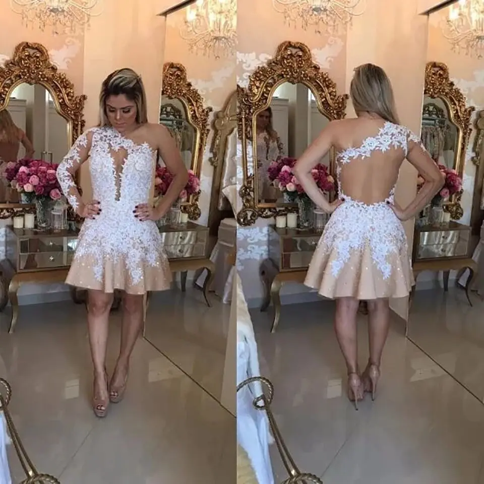 MYYBLE – robe de Cocktail de forme trapèze, tenue de fête élégante, asymétrique, épaule dénudée, courte, transparente, perles, dentelle, Champagne, 2022