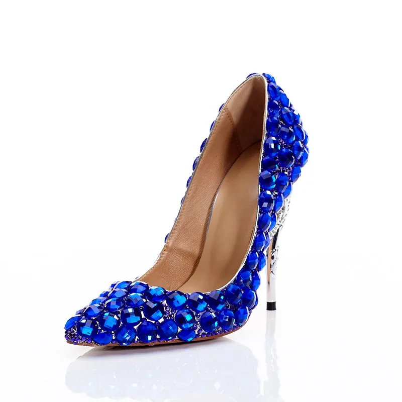 Single women shoes with high heels fashion sexy leather shoes blue crystal elegant catwalk pointed wedding shoes