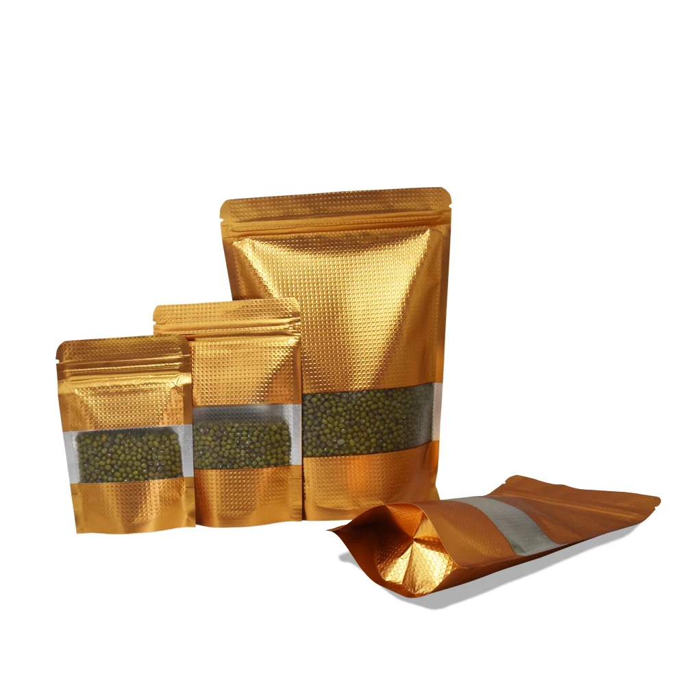 

Gold Stand Up Zip Lock Packing Bag Reclosable Zipper Aluminum Foil Bag with Windown Bulk Food Cand Storage Doypack Mylar Pouch