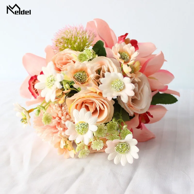 Meldel Bouquet Artificial Silk Rose Wedding Flower Bouquet Pompom Orchid Flower Bride Prom Party Wedding Supplies Marriage Decor