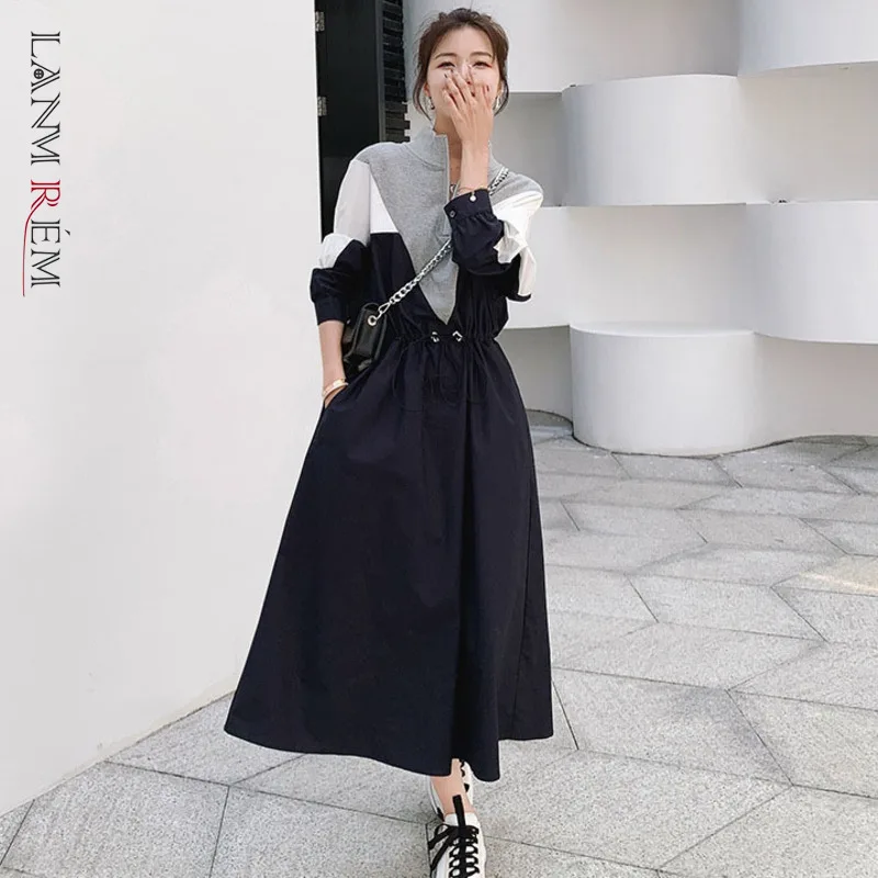 LANMREM 2024 Spring Korean Style Long-sleeved Mid-length Fashion Design Contrast Color Drawstring Stitching Dresses Female 2W144