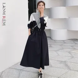 LANMREM 2024 Spring Korean Style Long-sleeved Mid-length Fashion Design Contrast Color Drawstring Stitching Dresses Female 2W144