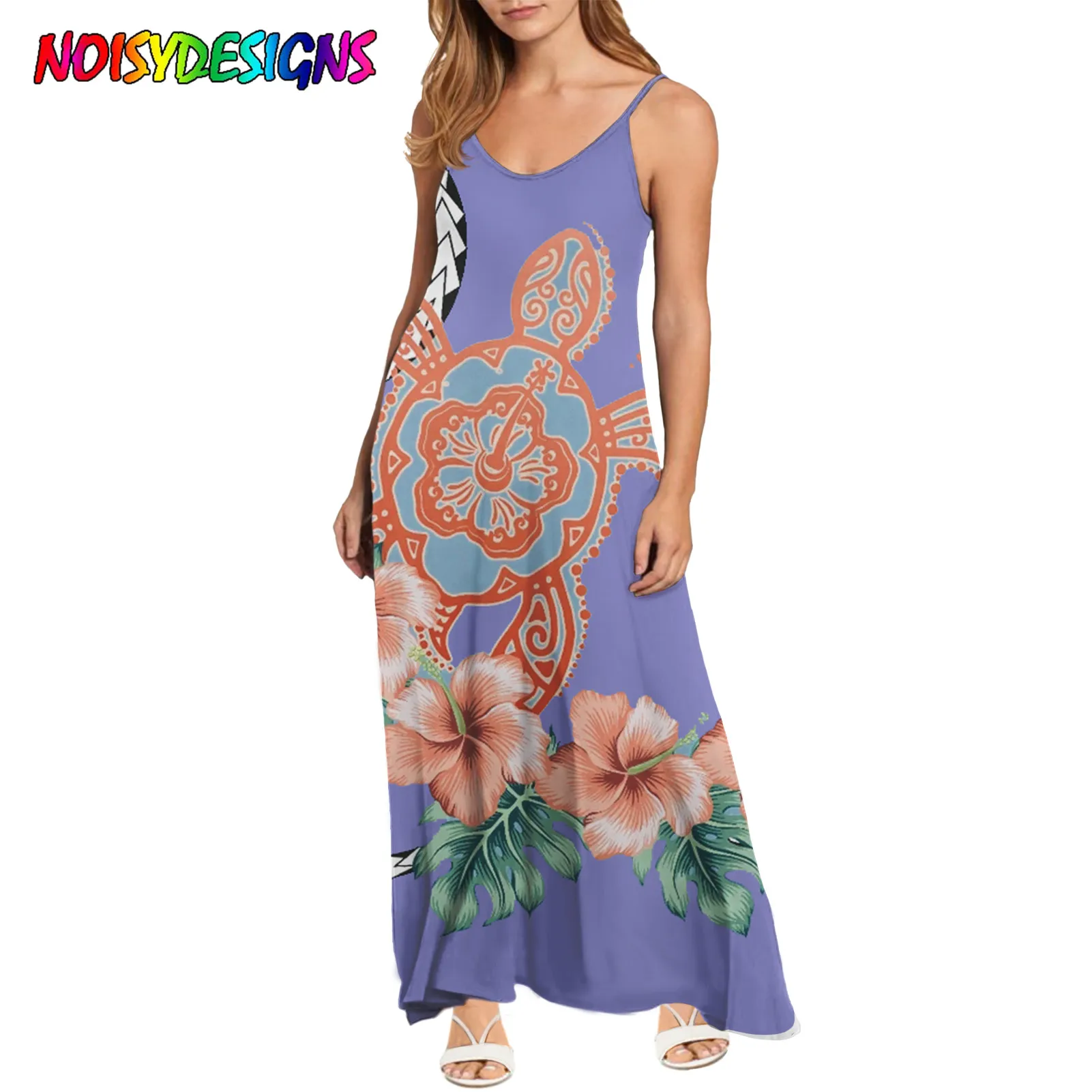 NOISYDESIGNS Polynesian Turtle Print Women Spaghetti Strap Long Dress Elegant Sleeveless Backless Club Party Beach Vestito 2021