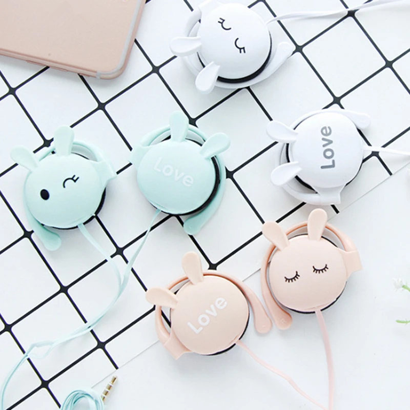 QearFun Cute Rabbit Wired earphone With Ear-hook Sports Headset For Girls Kids Gift With Built-in Microphone Helmets Headphone